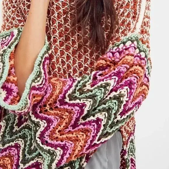 Free People Heatwave Oversized Pullover Cotton Knit Crochet Colorful Sweater - Picture 4 of 13